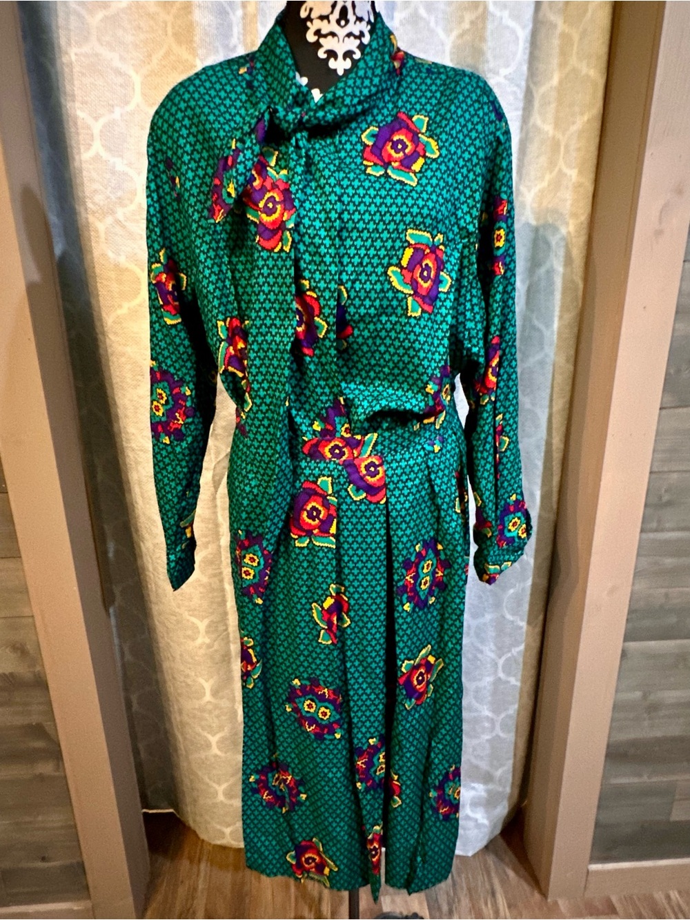 Vintage Teal Geometric Floral bow neck tie,Long Sleeve secretary midi Dress plus